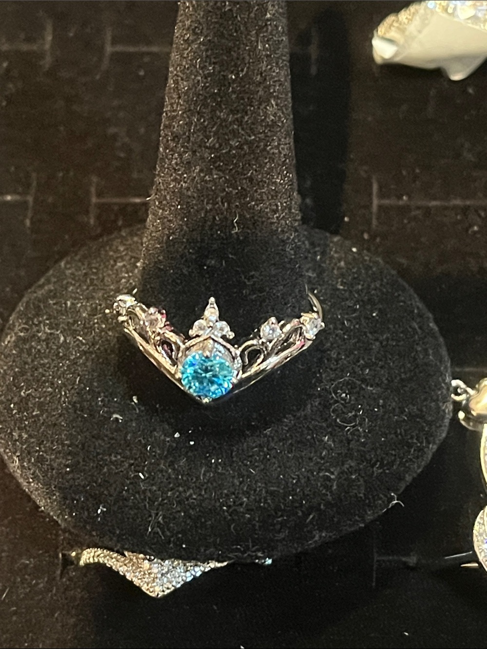 Silver Tiara Ring with Blue moisenite Center Stone - Women Jewelry